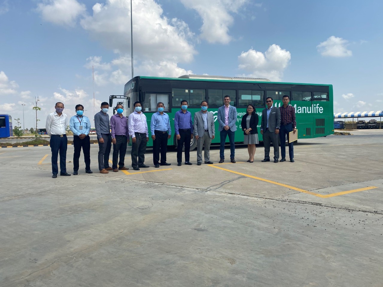 Manulife Cambodia donated 550 bottles of 1L hand sanitizers to Phnom Penh City Bus Authority