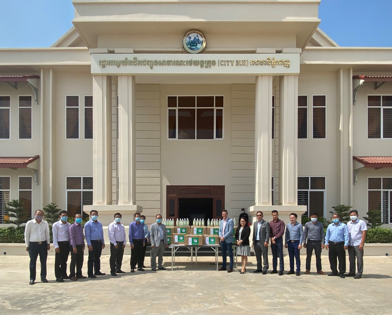 Manulife Cambodia donated 550 bottles of 1L hand sanitizers to Phnom Penh City Bus Authority